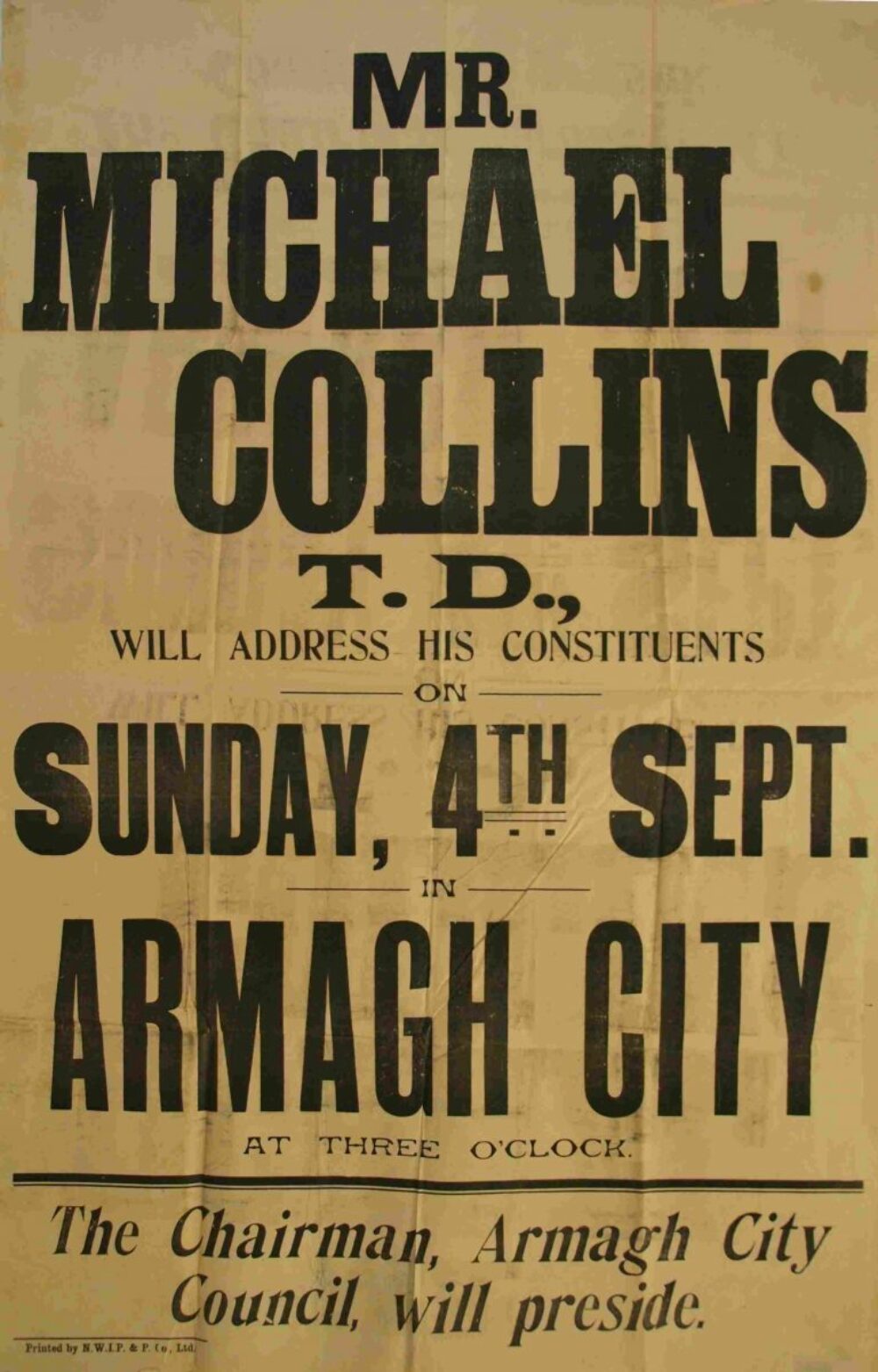 banImageCP-06-02-10: Poster highlighting the visit of Michael Collins, T.D. to Armagh on 4th September 1921