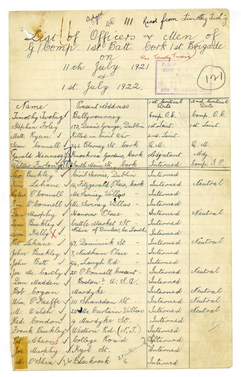 1 Cork Brigade, 1 Bn, G Coy - 11 July 1921 and 1 July 1922