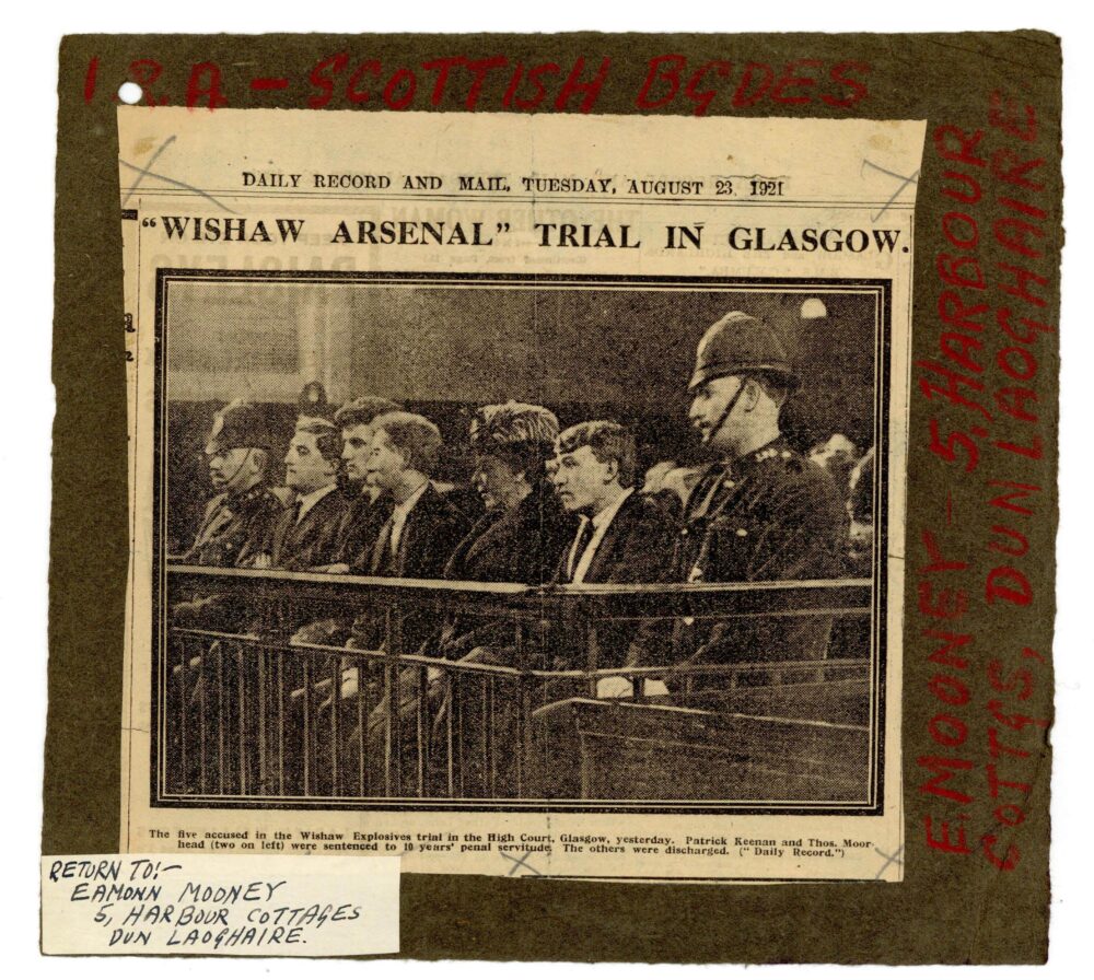 banImageAs well as membership listings, Nominal Rolls also occasionally contain other documents such as this newspaper cutting regarding the trial in August 1921 of IRA members arrested in Scotland. (RO603A Scottish Brigade Newspaper)