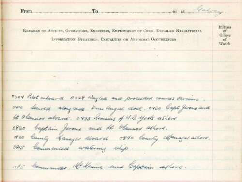 Logbook entry for 17th September 1948 showing the L.E. Macha's arrival at Galway