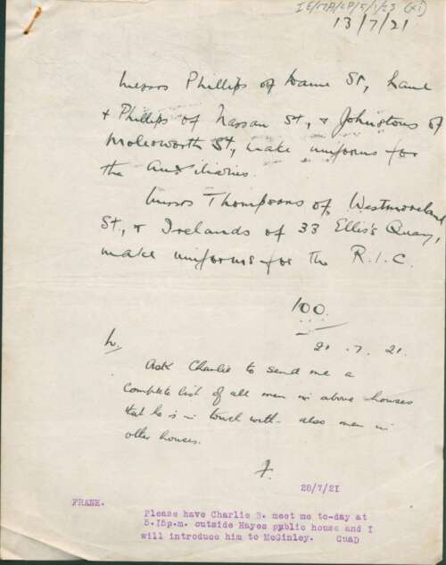 CP-05-01-23: Communications between agent ‘100’, F [Frank Thornton] and L [Liam Tobin], 13th July 1921
