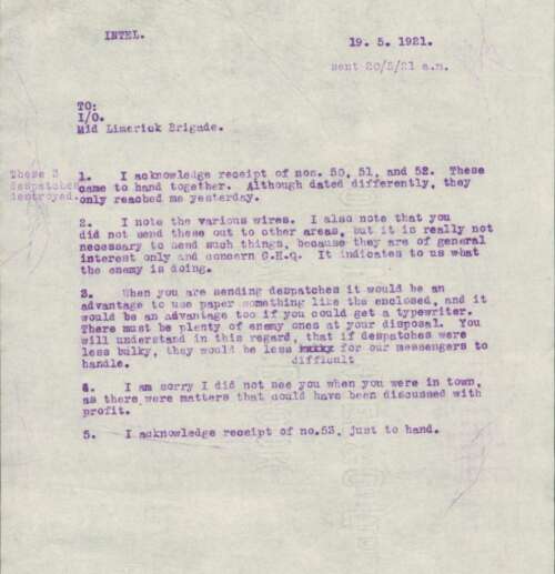CP_05_02_03:  Despatch from INTEL [Intelligence Department, G.H.Q] to I/O [Intelligence Officer], Mid Limerick Brigade, 19th May 1921