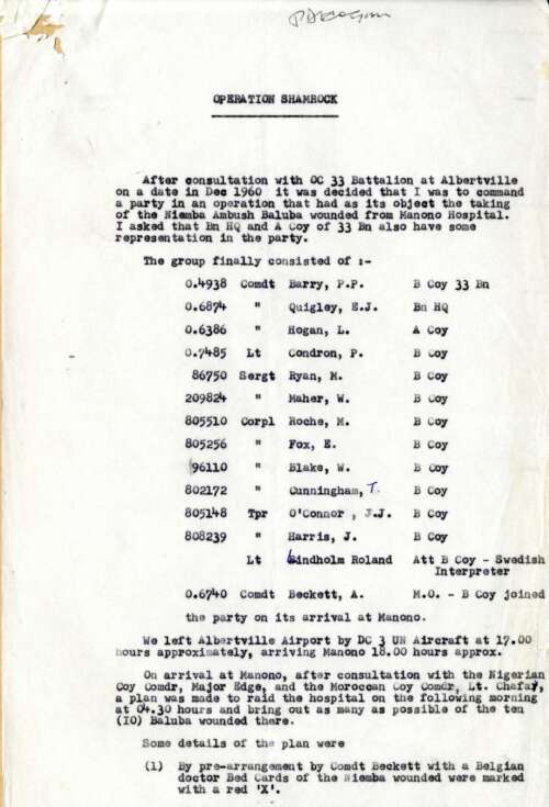 Operation Shamrock-object of which was to capture the Baluba tribesmen injured in the Niemba Ambush from Manono Hospital