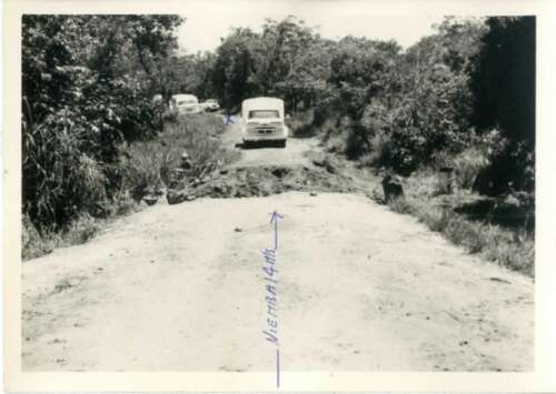 11th November 1960. The destroyed bridge can be seen in front of the truck and the place of attack is marked with an ‘X’.