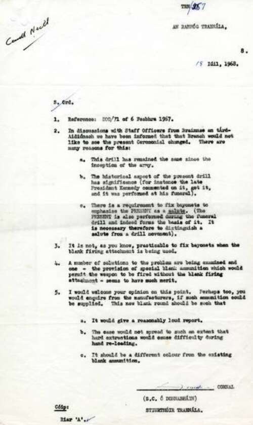 Letter from D/Training outlining his recommendations for retaining the Defence Forces' Ceremonial Drill