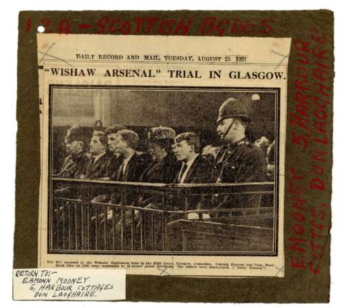 As well as membership listings, Nominal Rolls also occasionally contain other documents such as this newspaper cutting regarding the trial in August 1921 of IRA members arrested in Scotland. (RO603A Scottish Brigade Newspaper)
